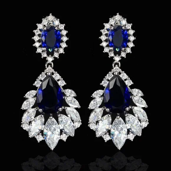 Blue Elegant Chandelier Drop Dangle Cubic Zirconia Bridal Earrings - Picture 3 of 6